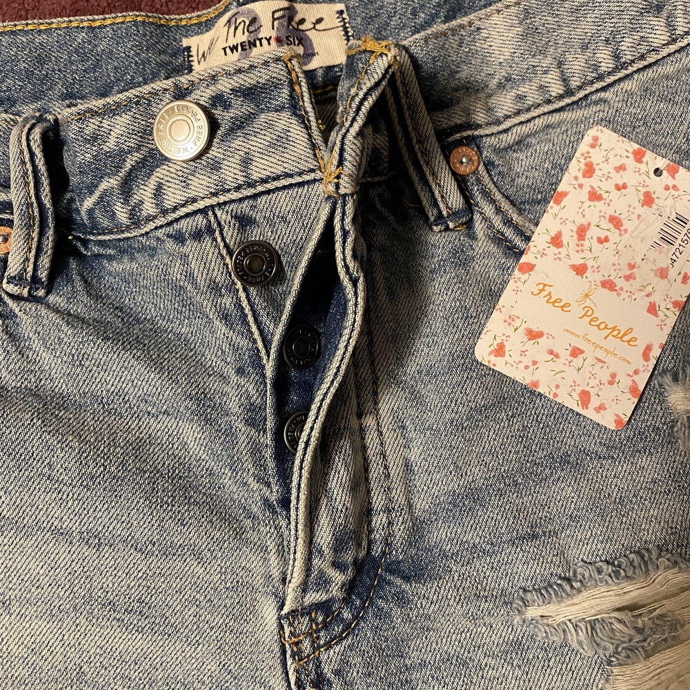 Free People Button Fly Light Blue Distressed Jean Shorts - Picture 5 of 7